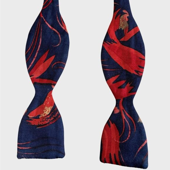 VTG Georgina Von Etzdorf Bird Floral Silk Self Tie Bow Tie Navy Red England RARE - Picture 13 of 16